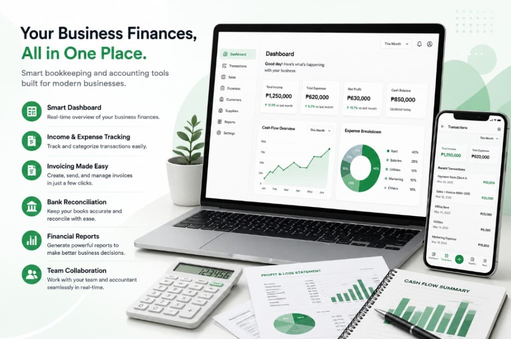 AbraFi bookkeeping and accounting platform with dashboard, income and expense tracking, and financial reports