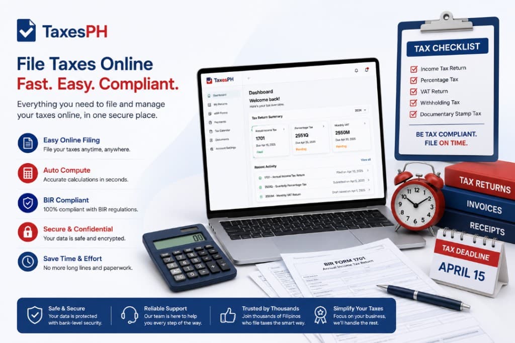 TaxesPH online tax filing platform with dashboard, BIR forms, and compliance features